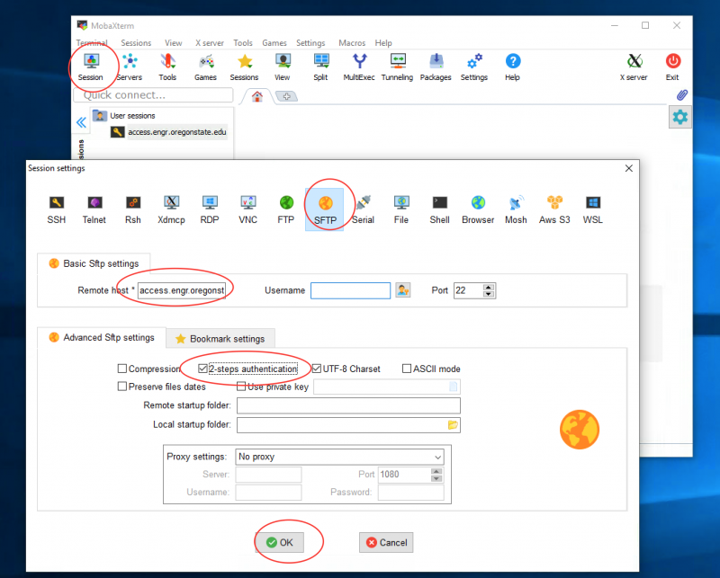 <strong>Session</strong> -&gt; <strong>SFTP</strong> -&gt; Remote host put "<em><strong>access.engr.oregonstate.edu</strong></em>" -&gt; Click on <strong>"Advanced SFTP settings</strong>" -&gt; check on "<strong>2-steps authentication</strong>" -&gt; <strong>OK</strong> -&gt; following the prompting to keyin your ONID username and password and your DUO code.